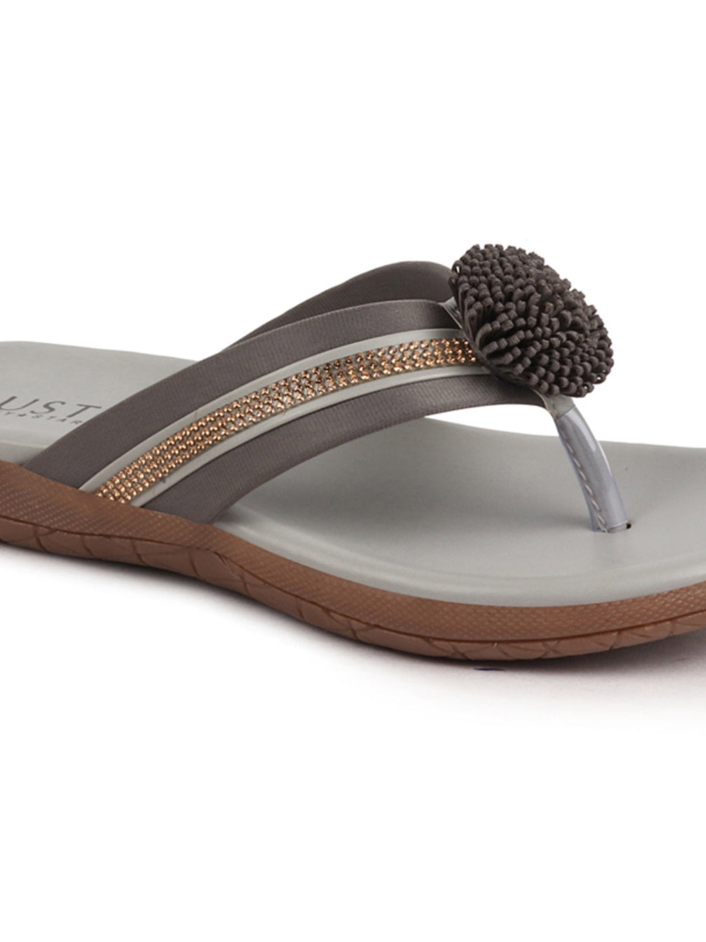 Shop Women Grey Shiny Beads T-Strap Slipper With Cushioned Footbed|Party|Office Wear|Weekend Online.