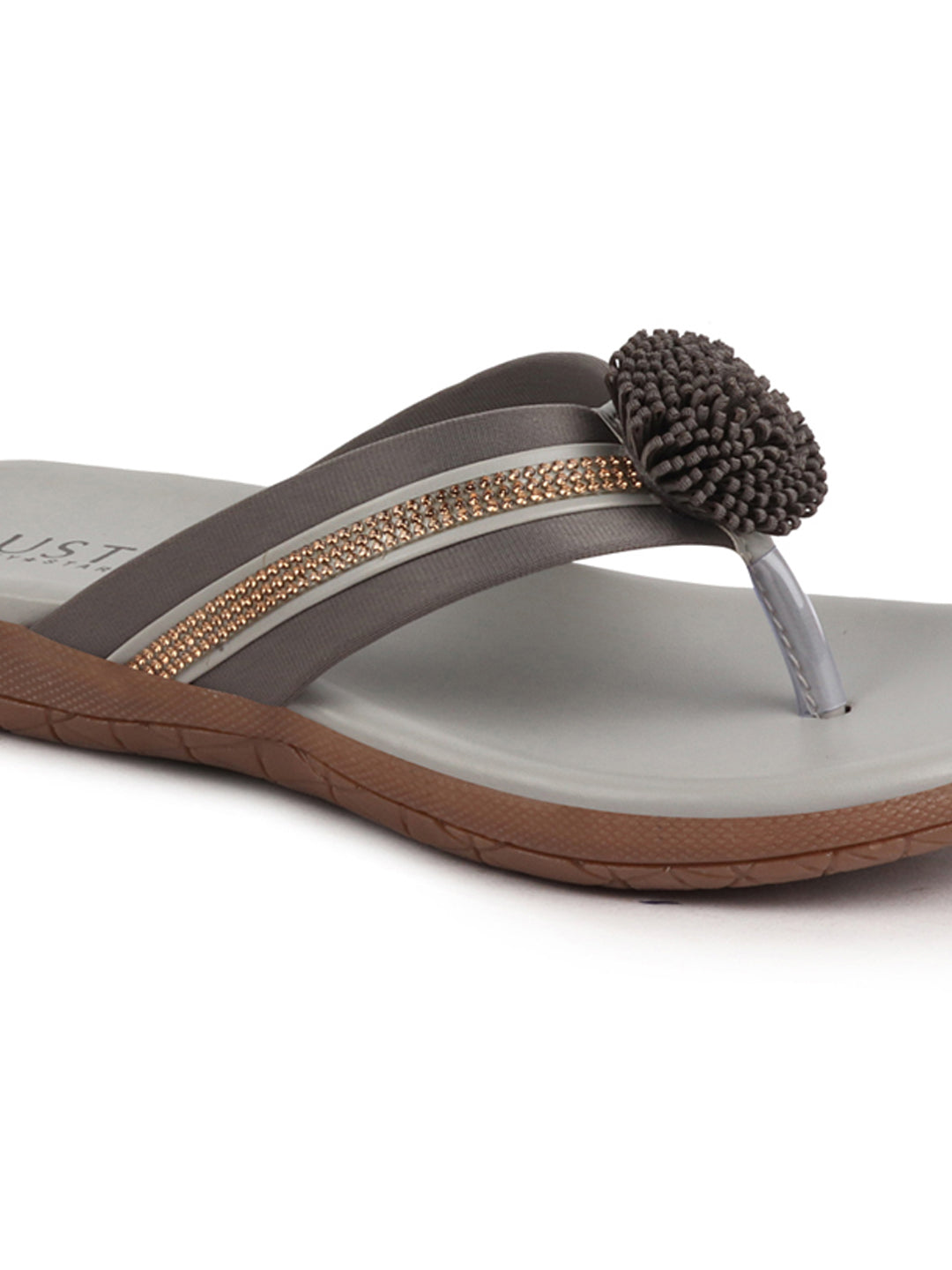 Shop Women Grey Shiny Beads T-Strap Slipper With Cushioned Footbed|Party|Office Wear|Weekend Online.