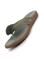 Women Olive Shiny Beads T-Strap Slipper With Cushioned Footbed|Party|Office Wear|Weekend