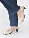Women Beige Elegant Classic Bow Buckle Pump Heel Ballerina with Perforation | Formal Slip On Ballet Comfort Insole