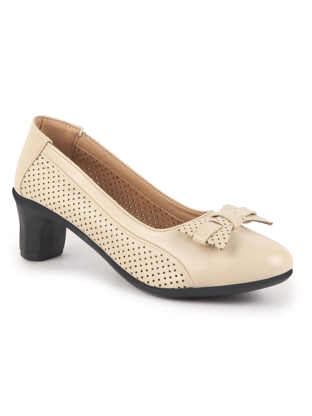 Women Beige Elegant Classic Bow Buckle Pump Heel Ballerina with Perforation | Formal Slip On Ballet Comfort Insole
