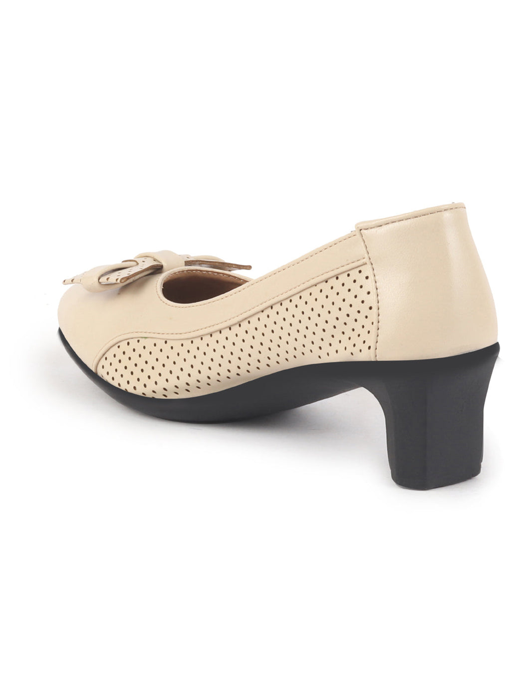 Women Beige Elegant Classic Bow Buckle Pump Heel Ballerina with Perforation | Formal Slip On Ballet Comfort Insole