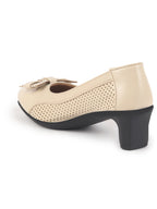 Women Beige Elegant Classic Bow Buckle Pump Heel Ballerina with Perforation | Formal Slip On Ballet Comfort Insole