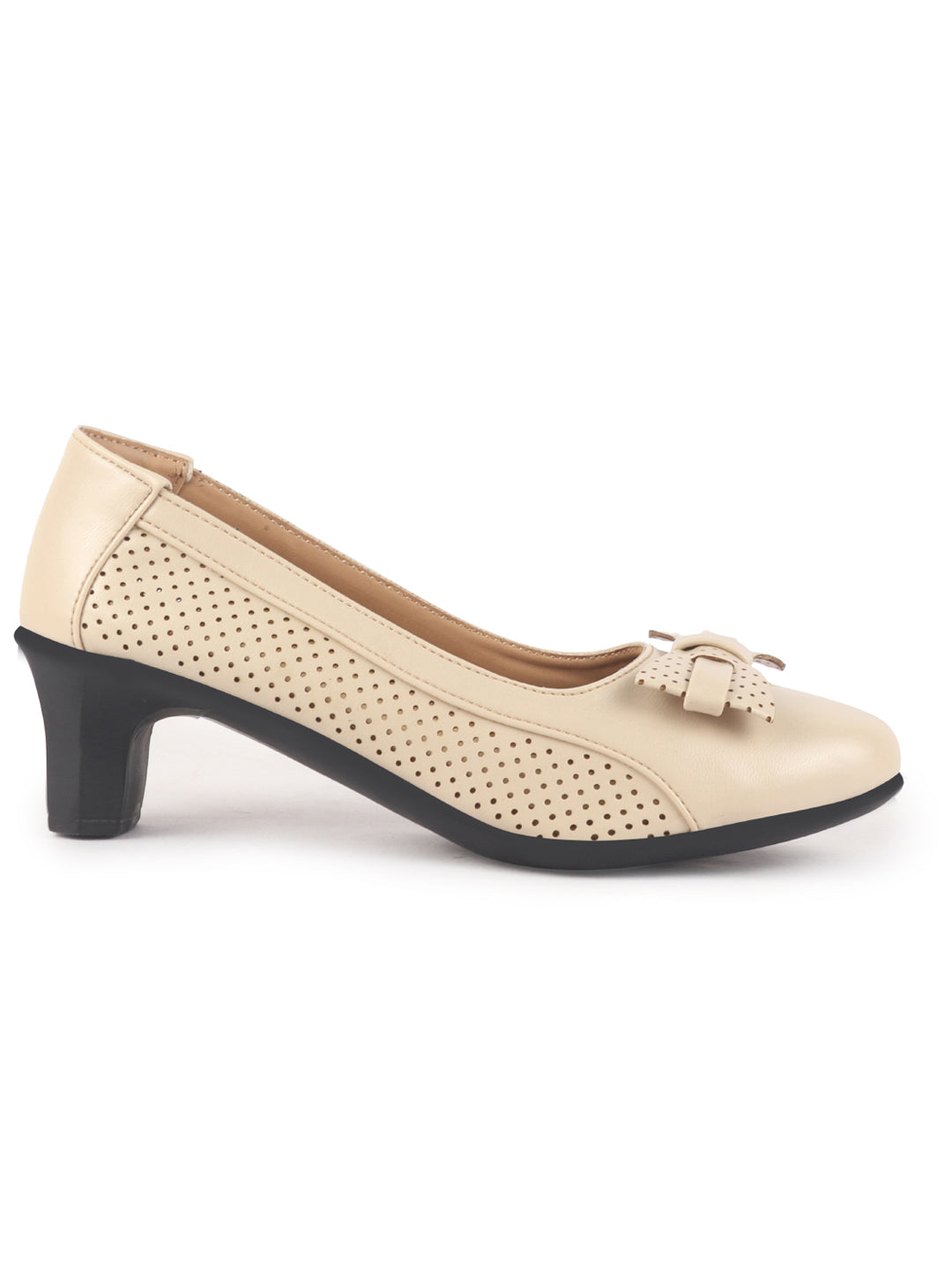 Women Beige Elegant Classic Bow Buckle Pump Heel Ballerina with Perforation | Formal Slip On Ballet Comfort Insole