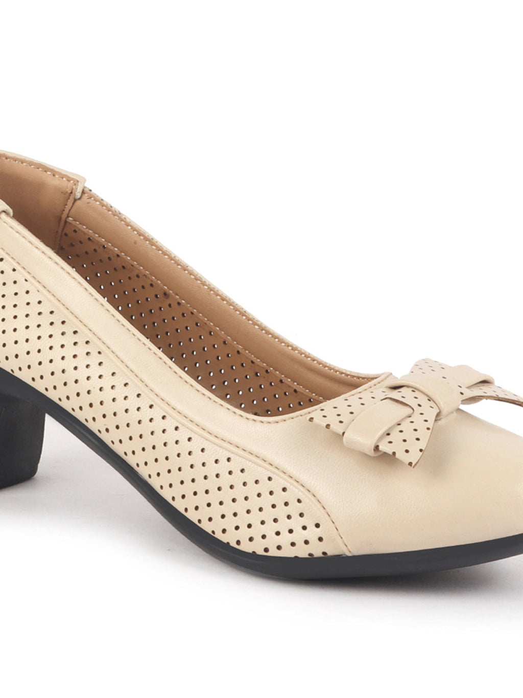 Women Beige Elegant Classic Bow Buckle Pump Heel Ballerina with Perforation | Formal Slip On Ballet Comfort Insole