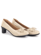 Women Beige Elegant Classic Bow Buckle Pump Heel Ballerina with Perforation | Formal Slip On Ballet Comfort Insole
