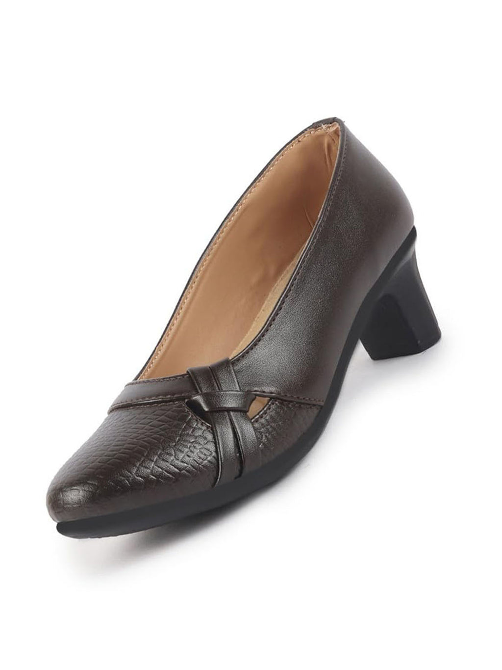 Women Brown Chic Design Mid Pump Heel Ballerina with Textured Toe | Formal Cross Strap Detail Slip On Ballet | Memory Cushioned Insole