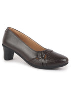 Women Brown Chic Design Mid Pump Heel Ballerina with Textured Toe | Formal Cross Strap Detail Slip On Ballet | Memory Cushioned Insole