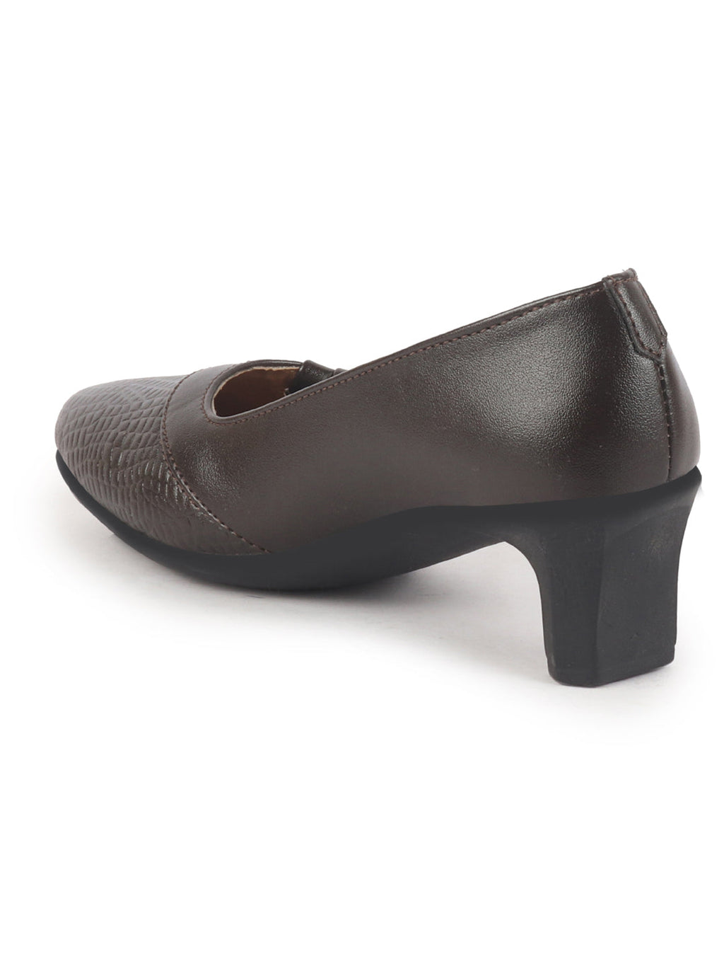 Women Brown Chic Design Mid Pump Heel Ballerina with Textured Toe | Formal Cross Strap Detail Slip On Ballet | Memory Cushioned Insole
