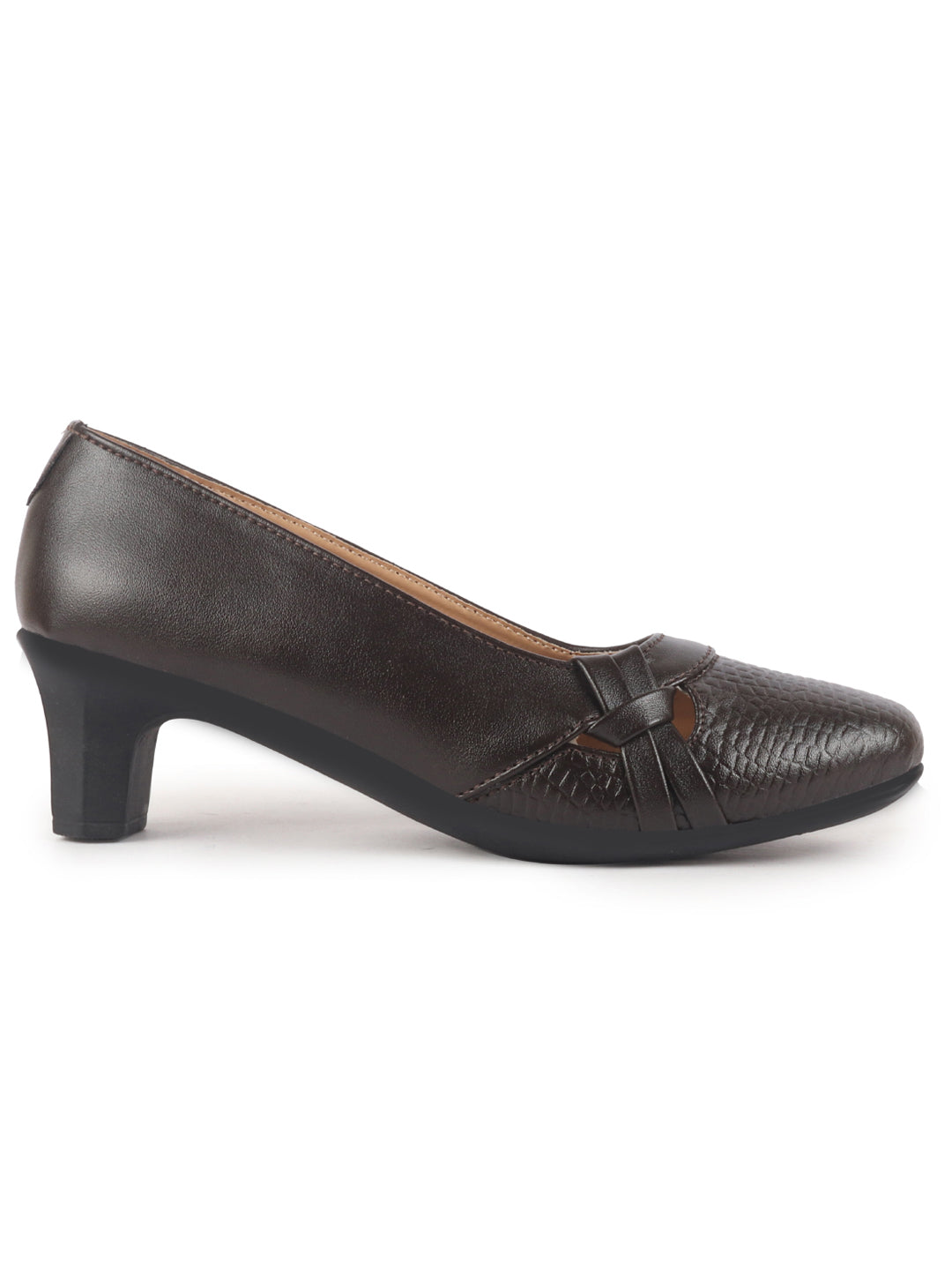 Women Brown Chic Design Mid Pump Heel Ballerina with Textured Toe | Formal Cross Strap Detail Slip On Ballet | Memory Cushioned Insole