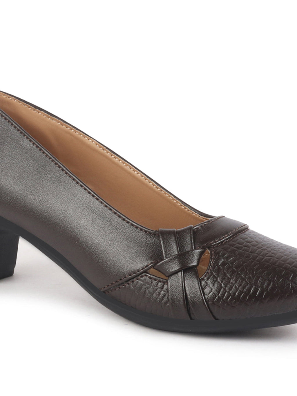 Women Brown Chic Design Mid Pump Heel Ballerina with Textured Toe | Formal Cross Strap Detail Slip On Ballet | Memory Cushioned Insole