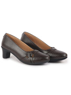 Women Brown Chic Design Mid Pump Heel Ballerina with Textured Toe | Formal Cross Strap Detail Slip On Ballet | Memory Cushioned Insole
