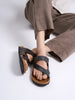 Men Black Genuine Leather Toe Ring Adjustable Strap Slip On Outdoor Slippers|Cork Latex Suede Footbed|Deep Heel Cup Insole