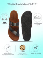 Men Black Genuine Leather Toe Ring Adjustable Strap Slip On Outdoor Slippers|Cork Latex Suede Footbed|Deep Heel Cup Insole