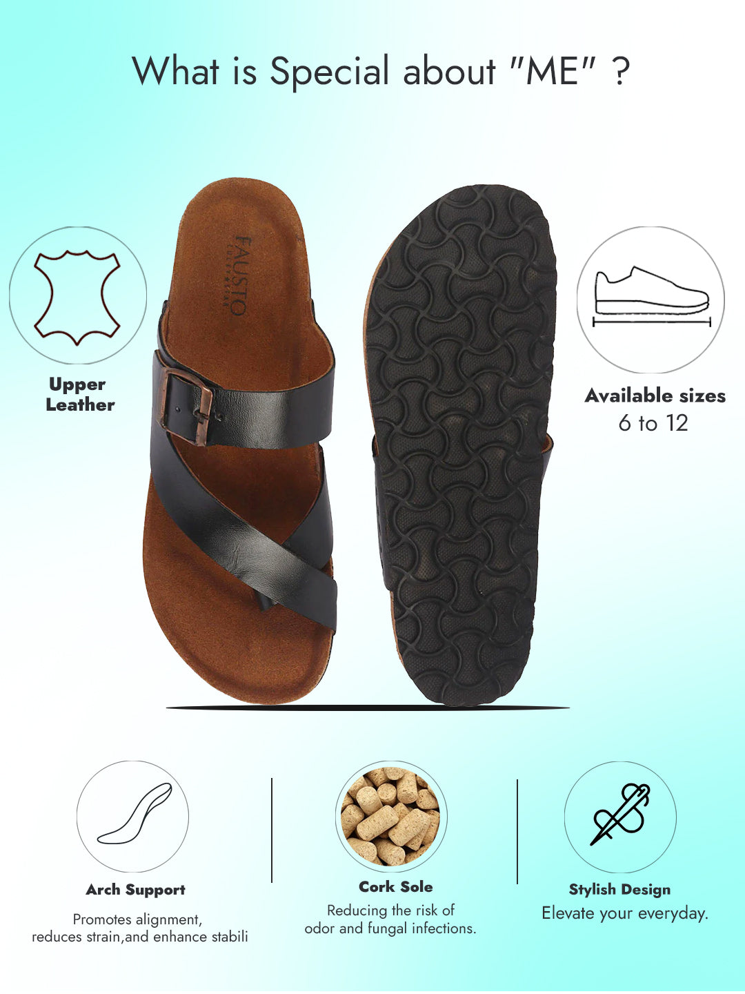 Men Black Genuine Leather Toe Ring Adjustable Strap Slip On Outdoor Slippers|Cork Latex Suede Footbed|Deep Heel Cup Insole