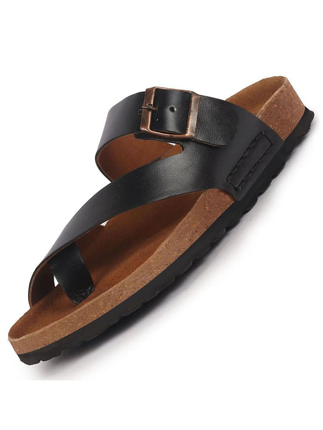 Men Black Genuine Leather Toe Ring Adjustable Strap Slip On Outdoor Slippers|Cork Latex Suede Footbed|Deep Heel Cup Insole