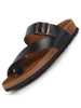 Men Black Genuine Leather Toe Ring Adjustable Strap Slip On Outdoor Slippers|Cork Latex Suede Footbed|Deep Heel Cup Insole