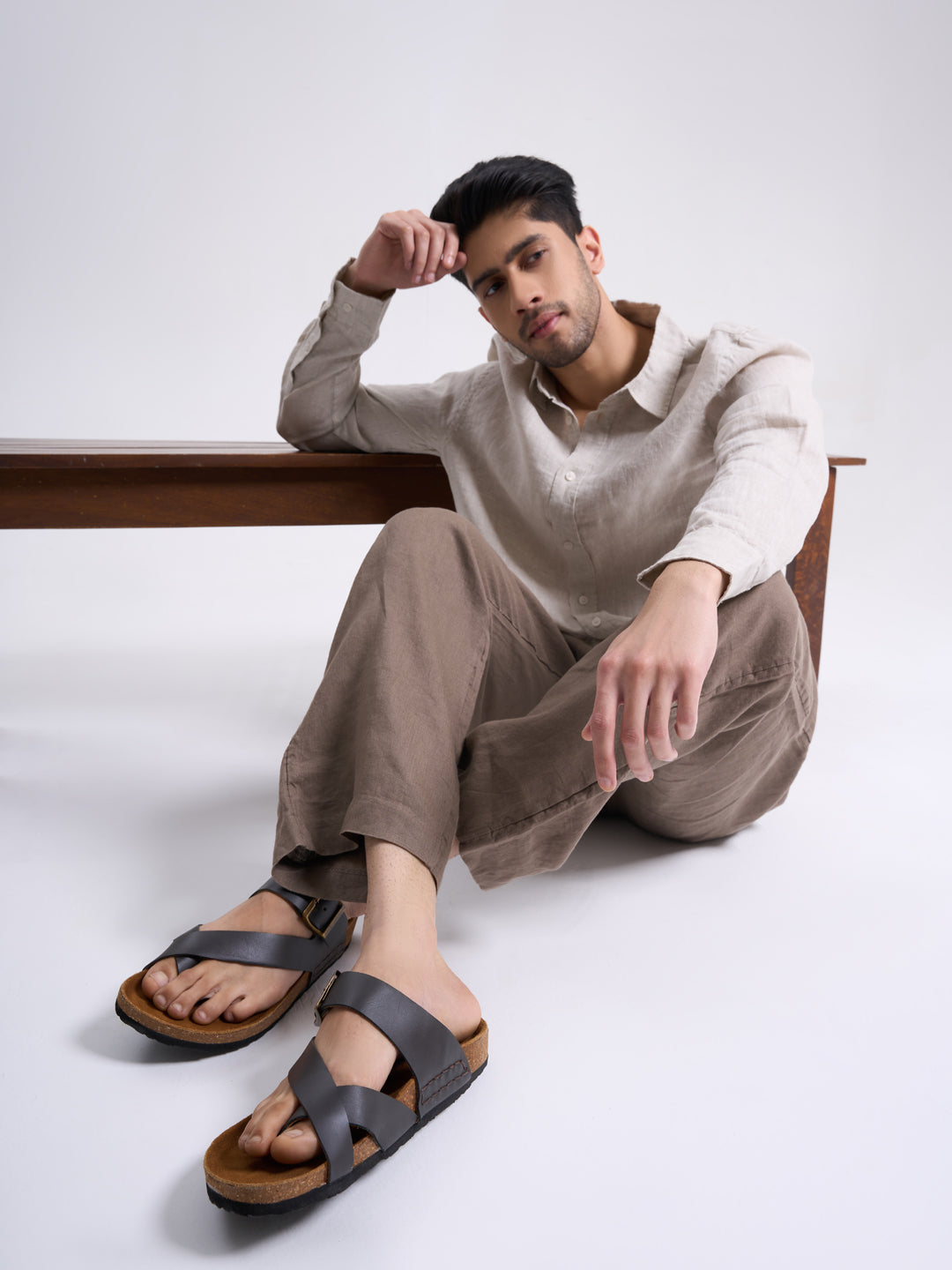 Men Black Genuine Leather Toe Ring Adjustable Strap Slip On Outdoor Slippers|Cork Latex Suede Footbed|Deep Heel Cup Insole