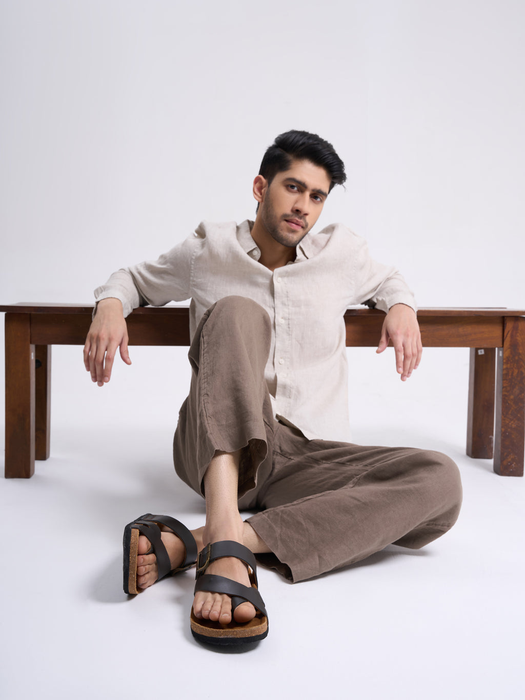 Men Black Genuine Leather Toe Ring Adjustable Strap Slip On Outdoor Slippers|Cork Latex Suede Footbed|Deep Heel Cup Insole