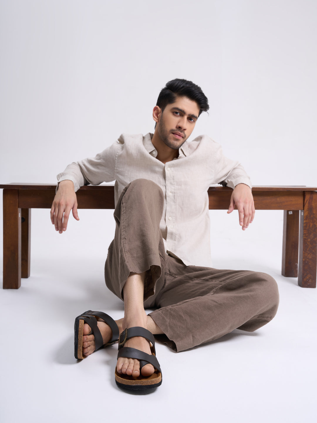 Men Black Genuine Leather Toe Ring Adjustable Strap Slip On Outdoor Slippers|Cork Latex Suede Footbed|Deep Heel Cup Insole