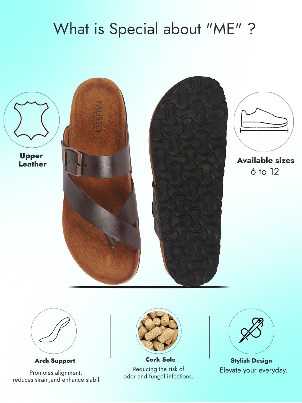 Men Brown Genuine Leather Toe Ring Adjustable Strap Slip On Outdoor Slippers|Cork Latex Suede Footbed|Deep Heel Cup Insole
