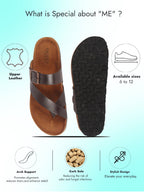 Men Brown Genuine Leather Toe Ring Adjustable Strap Slip On Outdoor Slippers|Cork Latex Suede Footbed|Deep Heel Cup Insole