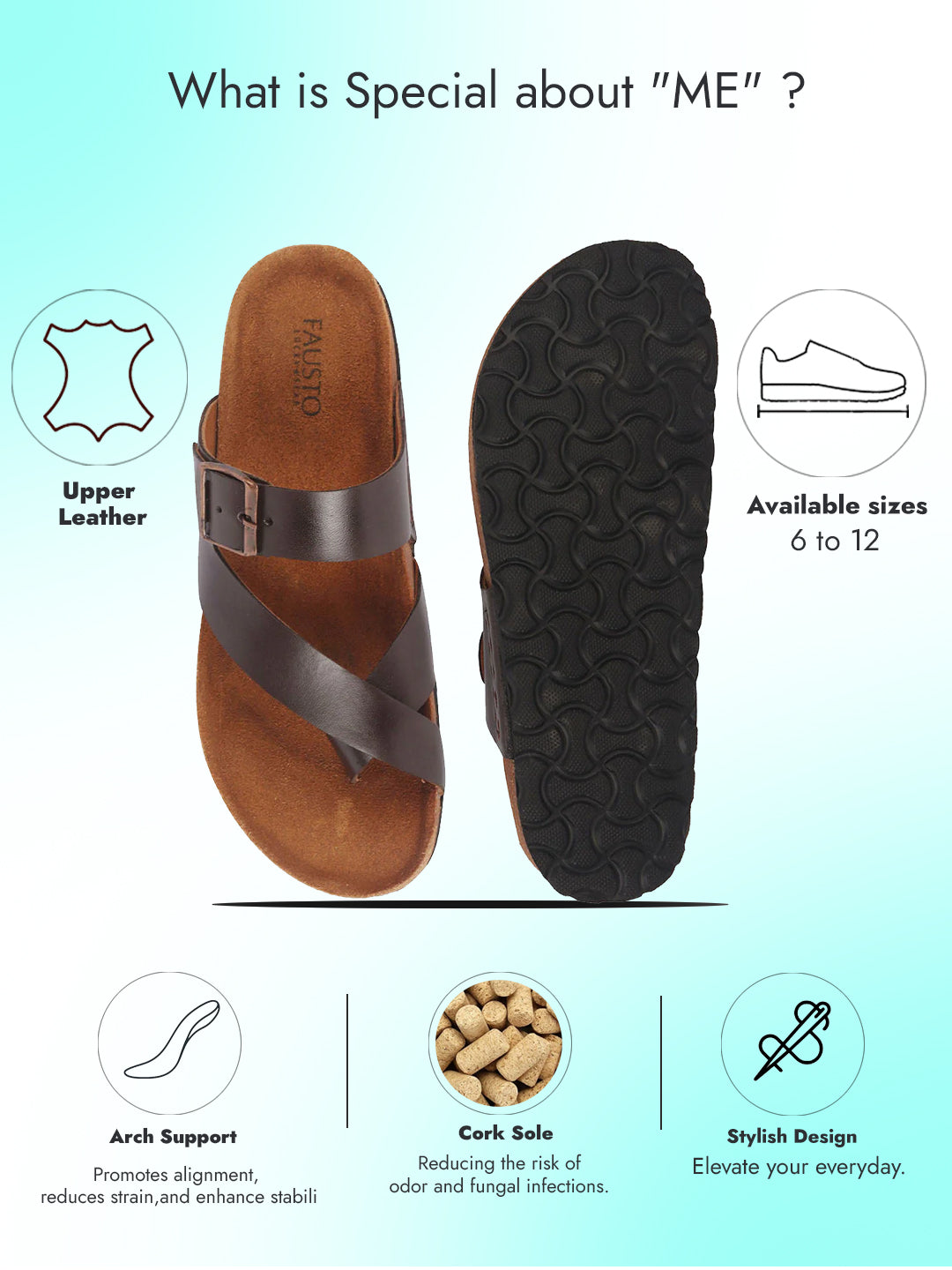 Men Brown Genuine Leather Toe Ring Adjustable Strap Slip On Outdoor Slippers|Cork Latex Suede Footbed|Deep Heel Cup Insole