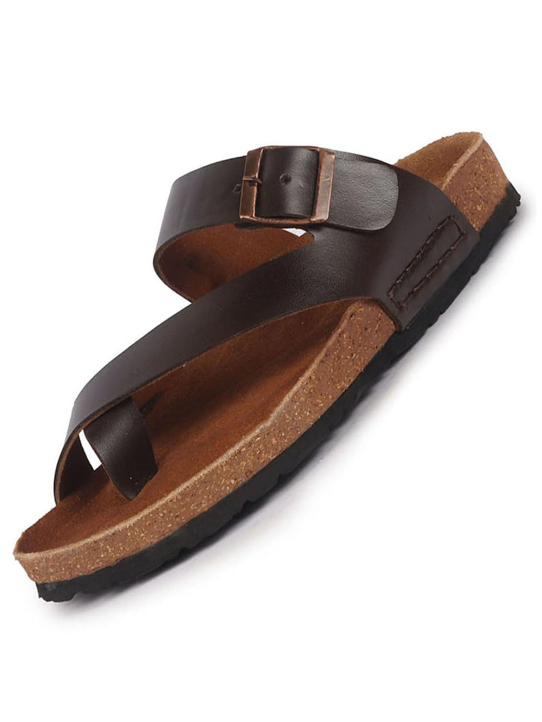 Men Brown Genuine Leather Toe Ring Adjustable Strap Slip On Outdoor Slippers|Cork Latex Suede Footbed|Deep Heel Cup Insole