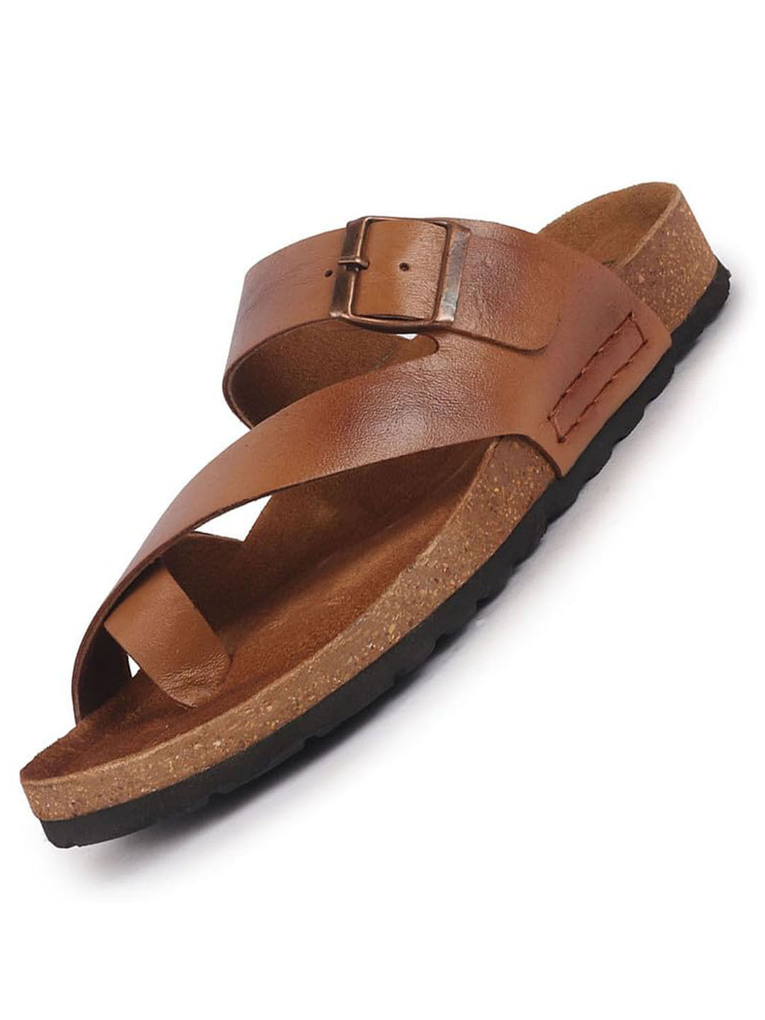 Men Tan Genuine Leather Toe Ring Adjustable Strap Slip On Outdoor Slippers|Cork Latex Suede Footbed|Deep Heel Cup Insole
