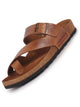 Men Tan Genuine Leather Toe Ring Adjustable Strap Slip On Outdoor Slippers|Cork Latex Suede Footbed|Deep Heel Cup Insole