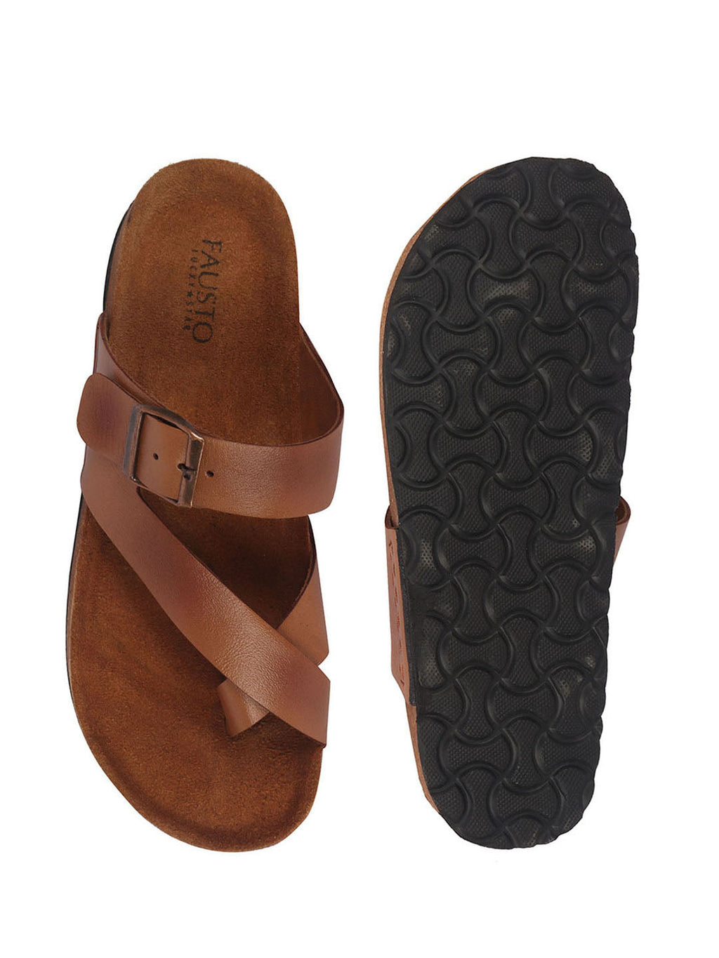 Men Tan Genuine Leather Toe Ring Adjustable Strap Slip On Outdoor Slippers|Cork Latex Suede Footbed|Deep Heel Cup Insole