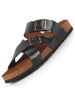 Men Black Genuine Leather Open Toe Multi Adjustable Strap Ethnic Kurta Slip On Sandals|Anti-Skid Sole Slippers|Cork Latex Suede Footbed