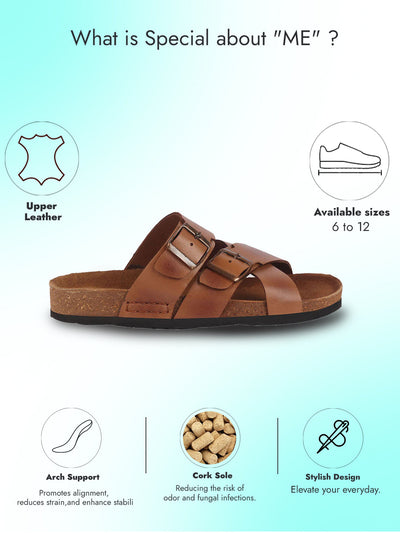 Men Tan Genuine Leather Open Toe Multi Adjustable Strap Ethnic Kurta Slip On Sandals|Anti-Skid Sole Slippers|Cork Latex Suede Footbed