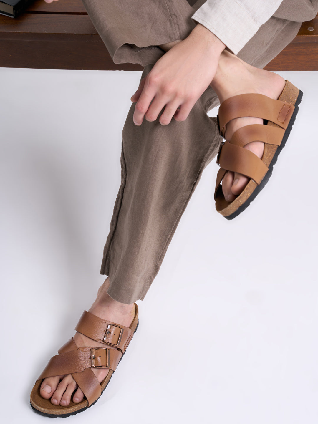 Men Tan Genuine Leather Open Toe Multi Adjustable Strap Ethnic Kurta Slip On Sandals|Anti-Skid Sole Slippers|Cork Latex Suede Footbed