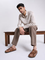 Men Tan Genuine Leather Open Toe Multi Adjustable Strap Ethnic Kurta Slip On Sandals|Anti-Skid Sole Slippers|Cork Latex Suede Footbed