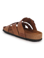 Men Tan Genuine Leather Open Toe Multi Adjustable Strap Ethnic Kurta Slip On Sandals|Anti-Skid Sole Slippers|Cork Latex Suede Footbed