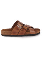 Men Tan Genuine Leather Open Toe Multi Adjustable Strap Ethnic Kurta Slip On Sandals|Anti-Skid Sole Slippers|Cork Latex Suede Footbed