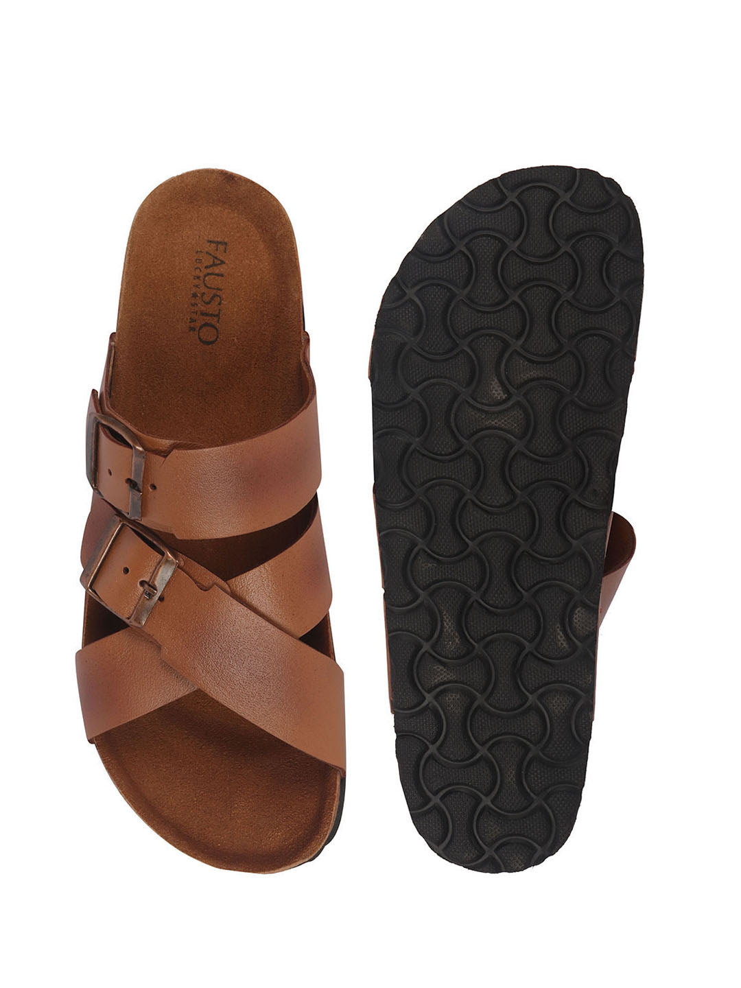 Men Tan Genuine Leather Open Toe Multi Adjustable Strap Ethnic Kurta Slip On Sandals|Anti-Skid Sole Slippers|Cork Latex Suede Footbed