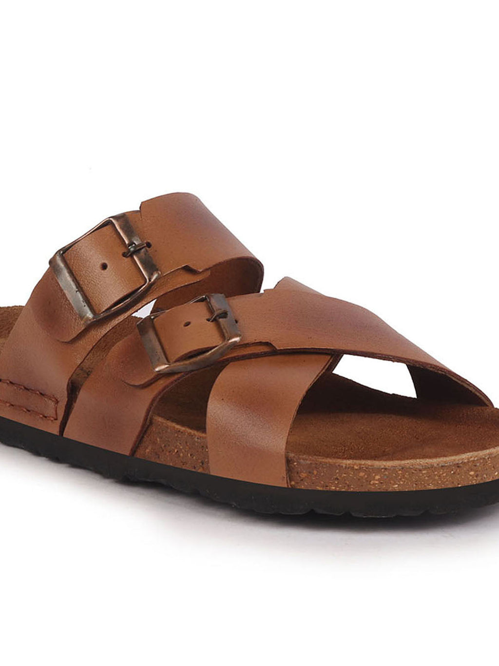 Men Tan Genuine Leather Open Toe Multi Adjustable Strap Ethnic Kurta Slip On Sandals|Anti-Skid Sole Slippers|Cork Latex Suede Footbed