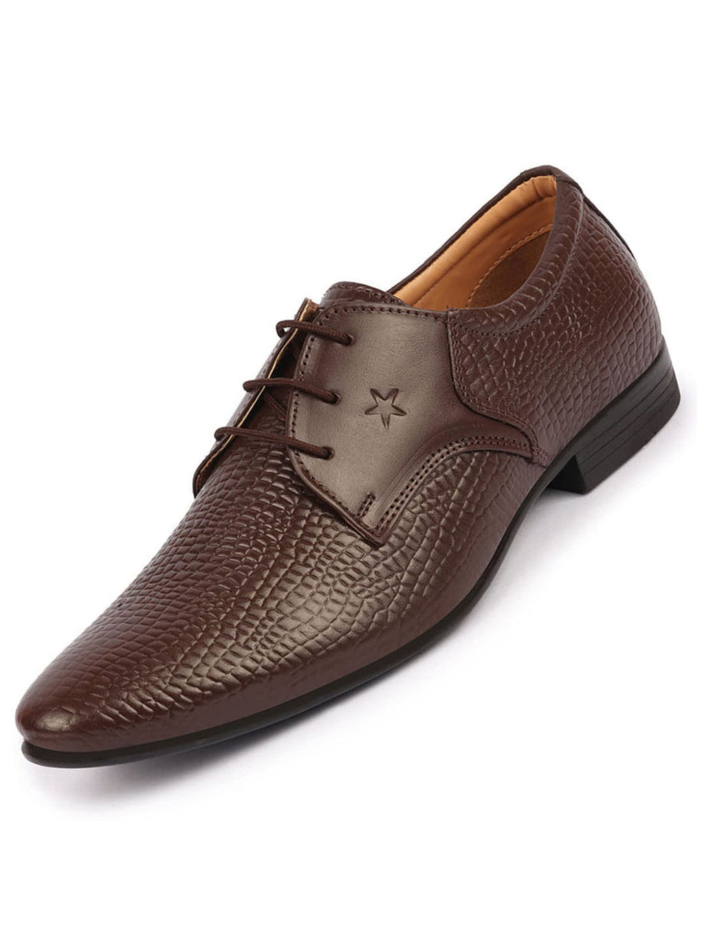 Shop Men Brown Formal Leather Embossed Office Lace Up Shoes Online.