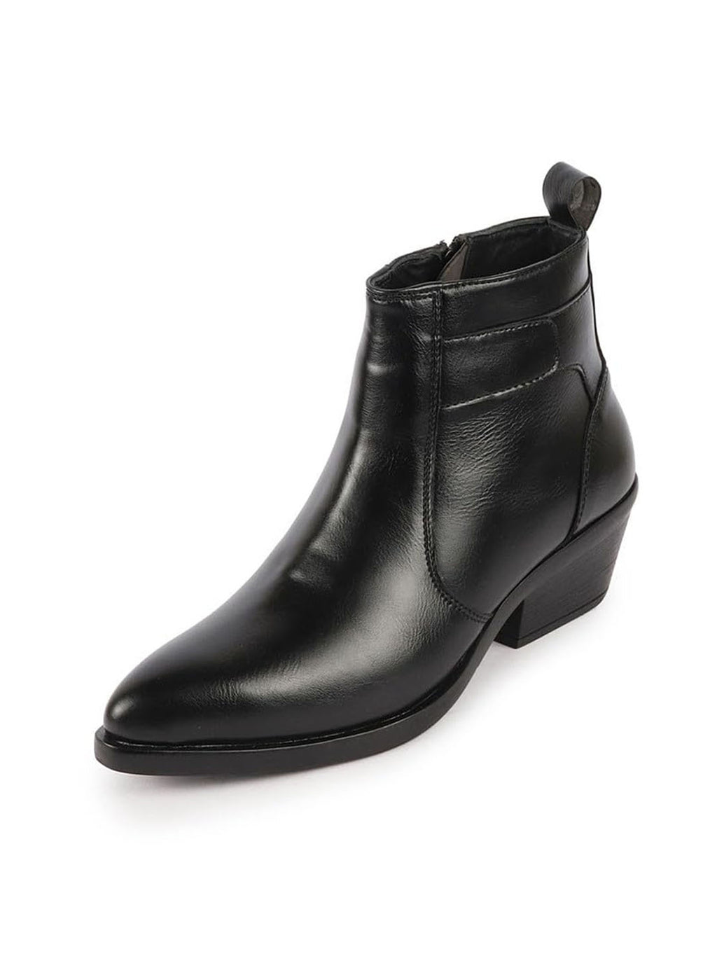 Shop Women Black Mid Top Side Zipper Slip On Flared Heel Pointed Toe Chelsea Boots Online.