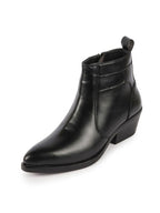 Shop Women Black Mid Top Side Zipper Slip On Flared Heel Pointed Toe Chelsea Boots Online.