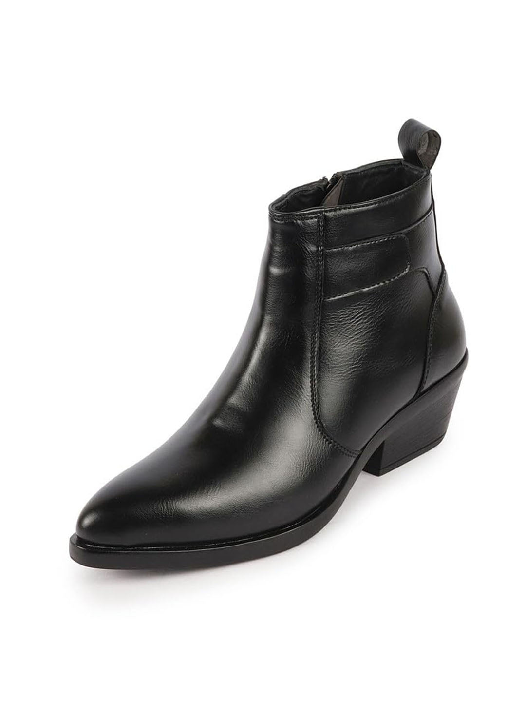 Shop Women Black Mid Top Side Zipper Slip On Flared Heel Pointed Toe Chelsea Boots Online.