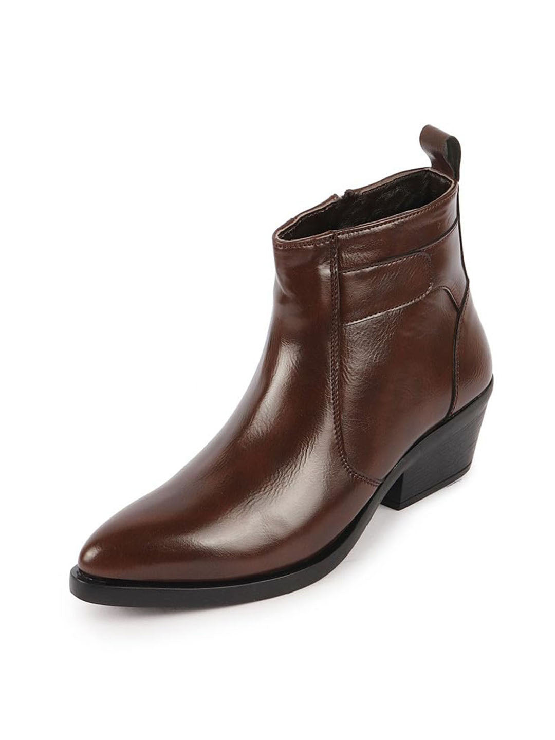 Shop Women Black Mid Top Side Zipper Slip On Flared Heel Pointed Toe Chelsea Boots Online.