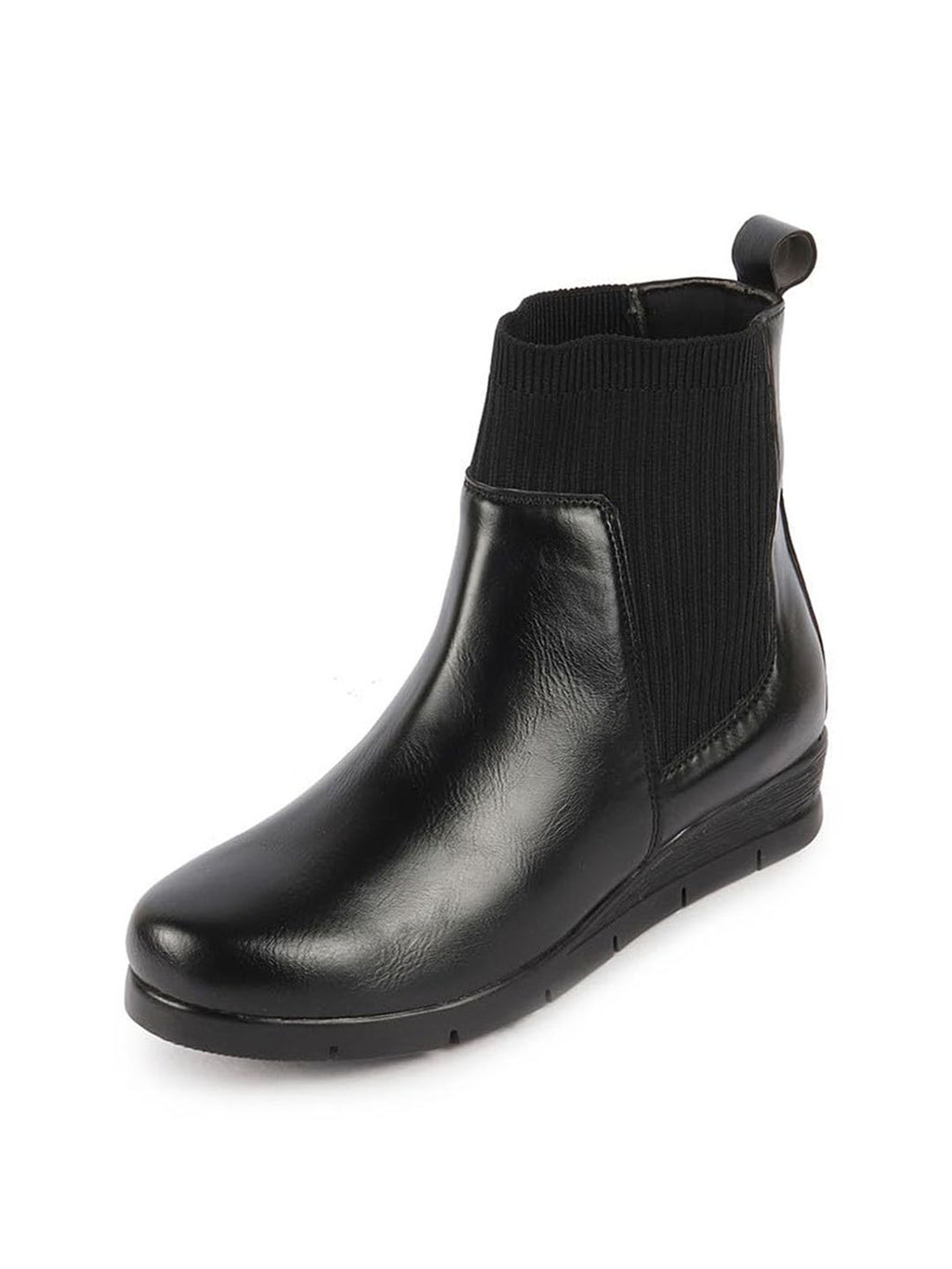 Women Black Mid Top Socks Collar Broad Feet Slip On Wedge Heel Chelsea Boots