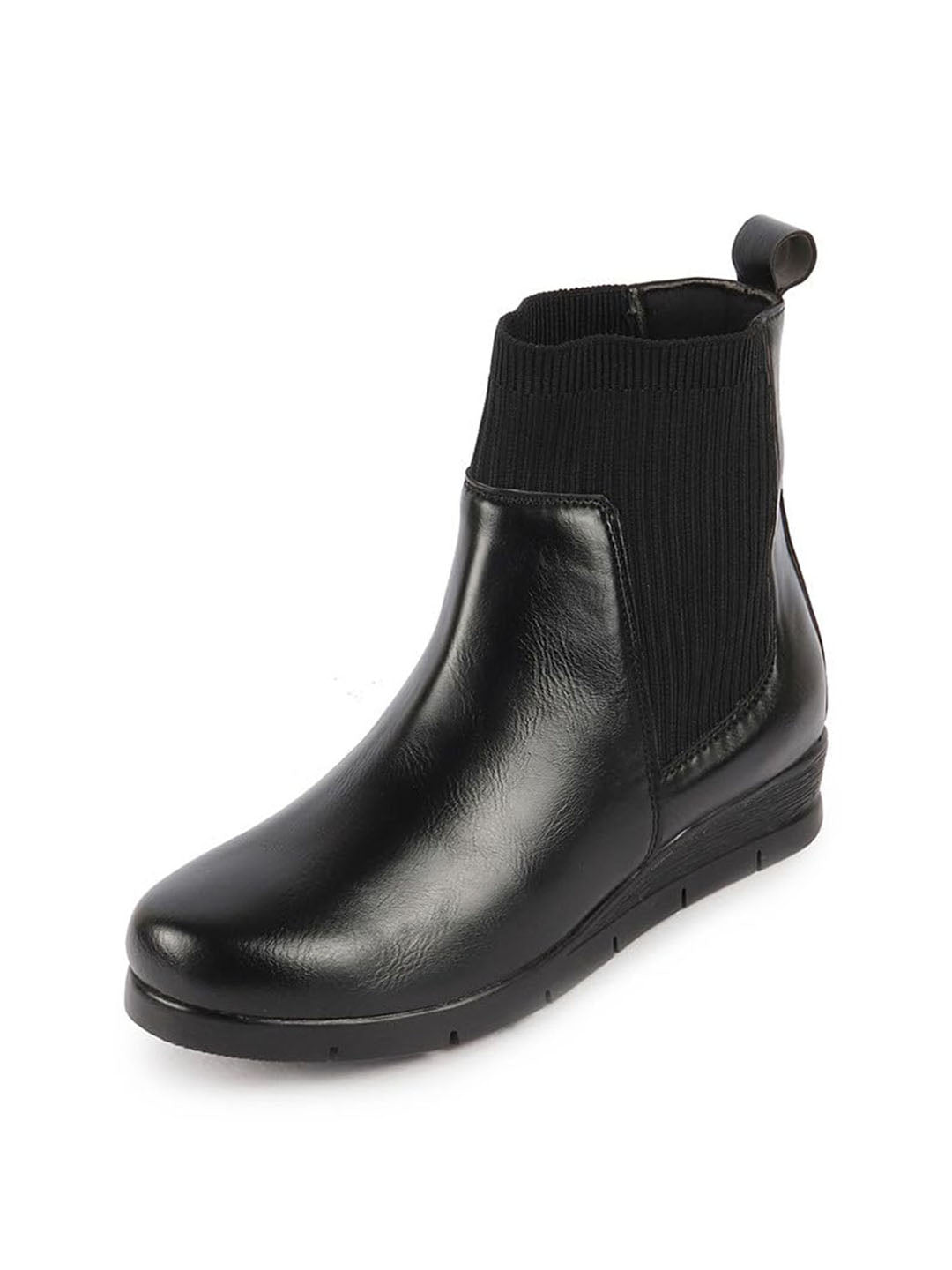 Women Black Mid Top Socks Collar Broad Feet Slip On Wedge Heel Chelsea Boots
