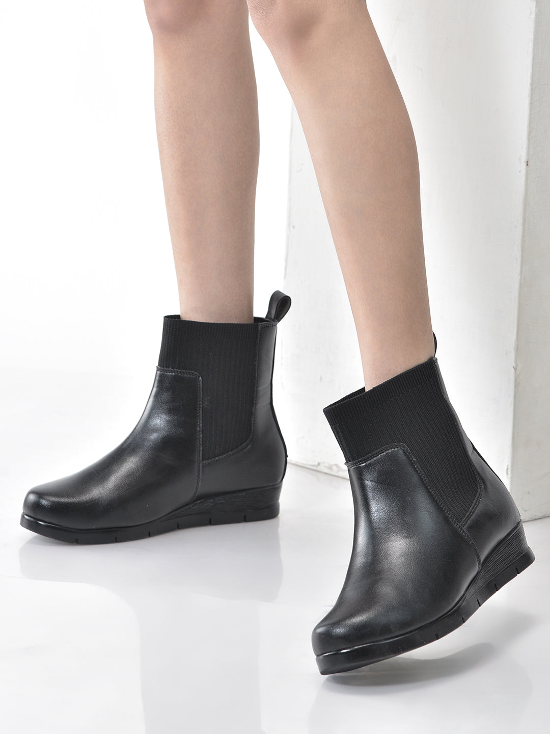 Buckle Boot Cushion Walk Wedge Boots Shop Women's Black Mid