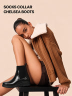 Women Black Mid Top Socks Collar Broad Feet Slip On Wedge Heel Chelsea Boots
