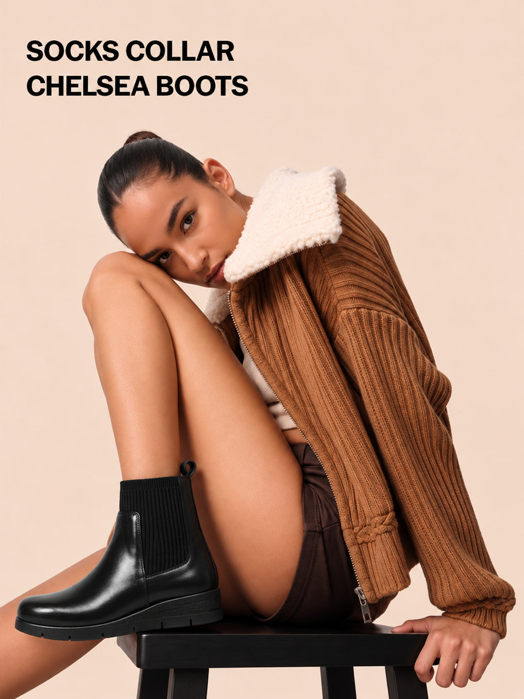 Women Black Mid Top Socks Collar Broad Feet Slip On Wedge Heel Chelsea Boots
