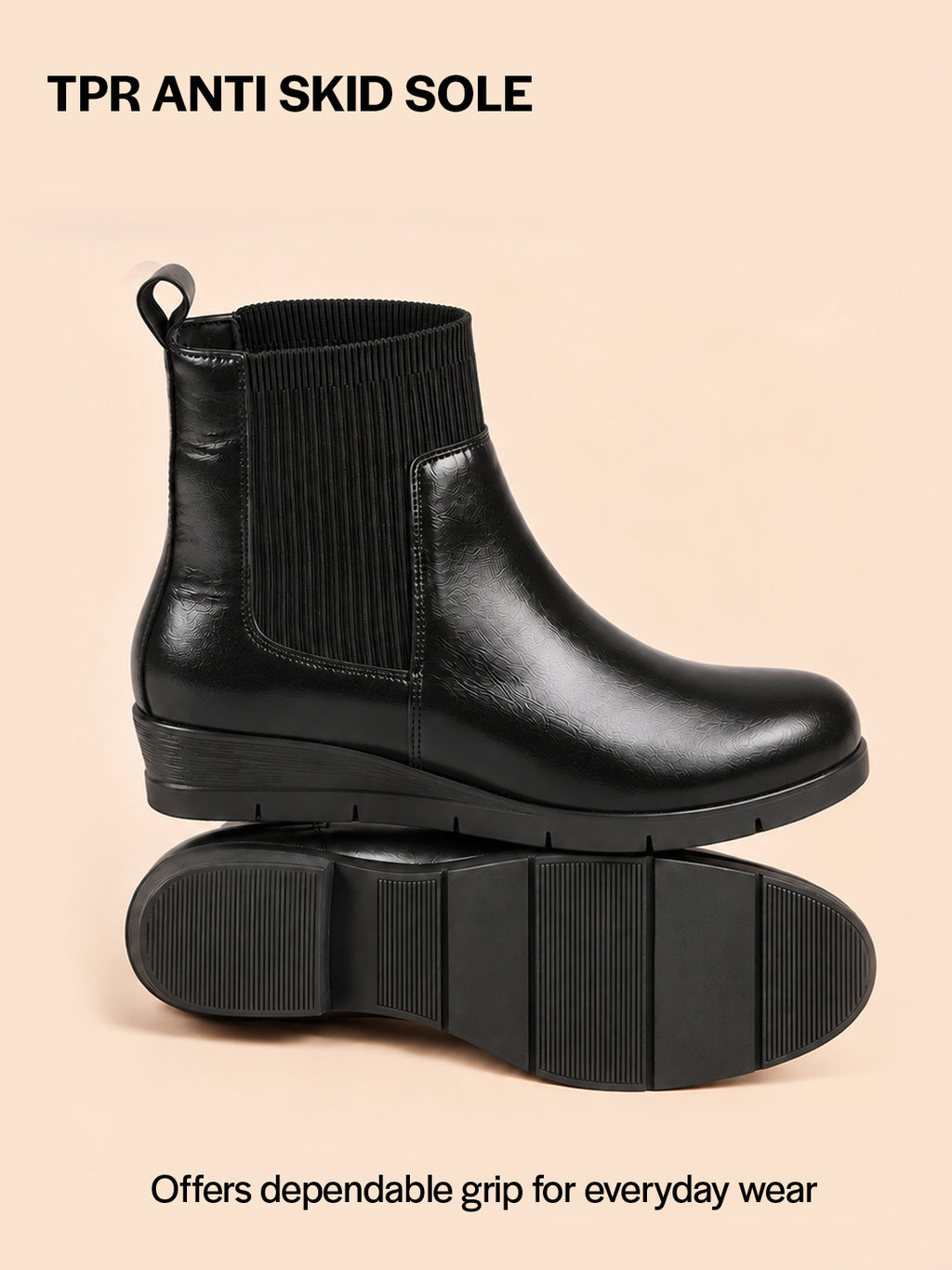 Women Black Mid Top Socks Collar Broad Feet Slip On Wedge Heel Chelsea Boots